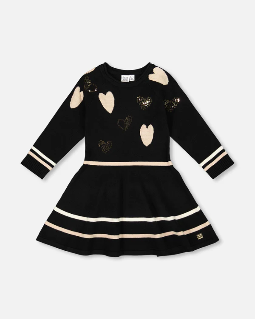 Deux Par Deux Knit Dress Black With Glittery Heart Motifs Sz 5