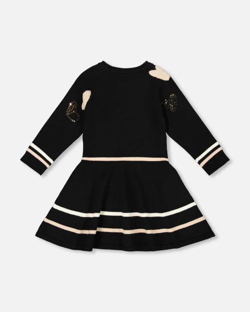 Deux Par Deux Knit Dress Black With Glittery Heart Motifs Sz 5