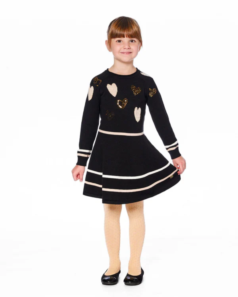 Deux Par Deux Knit Dress Black With Glittery Heart Motifs Sz 5