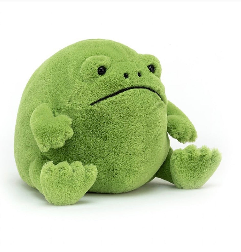 A plush toy depicting a green frog with a thoughtful expression, named Jellycat Ricky Rain Frog.