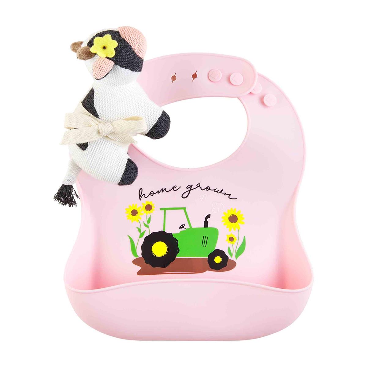 Silicone Pink Farm Bib With Rattle Set