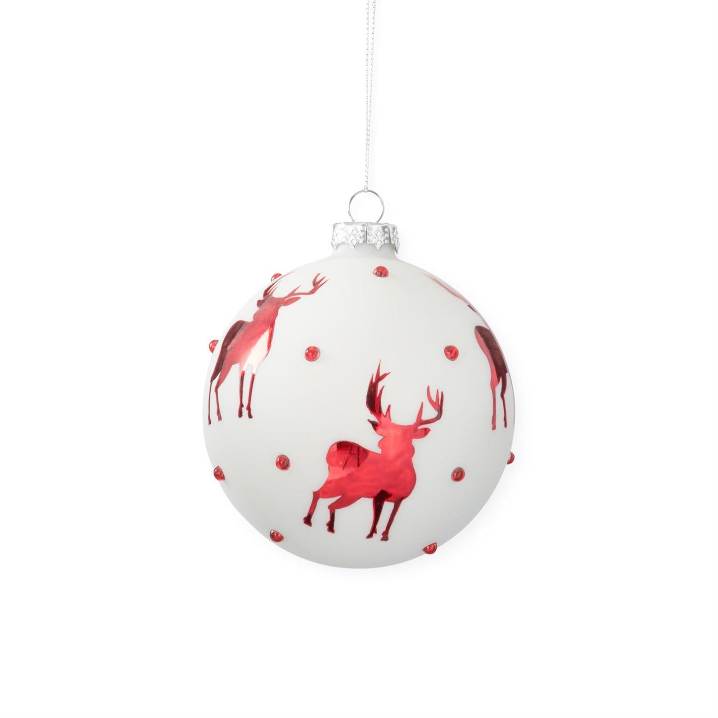 White Glass Ornament w/Red Reindeer & Crystals