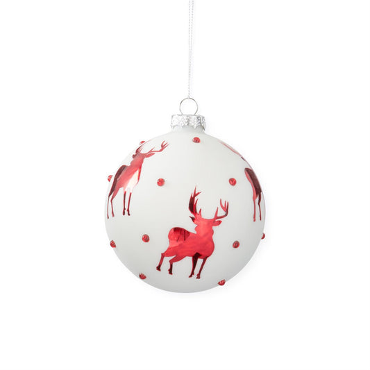White Glass Ornament w/Red Reindeer & Crystals