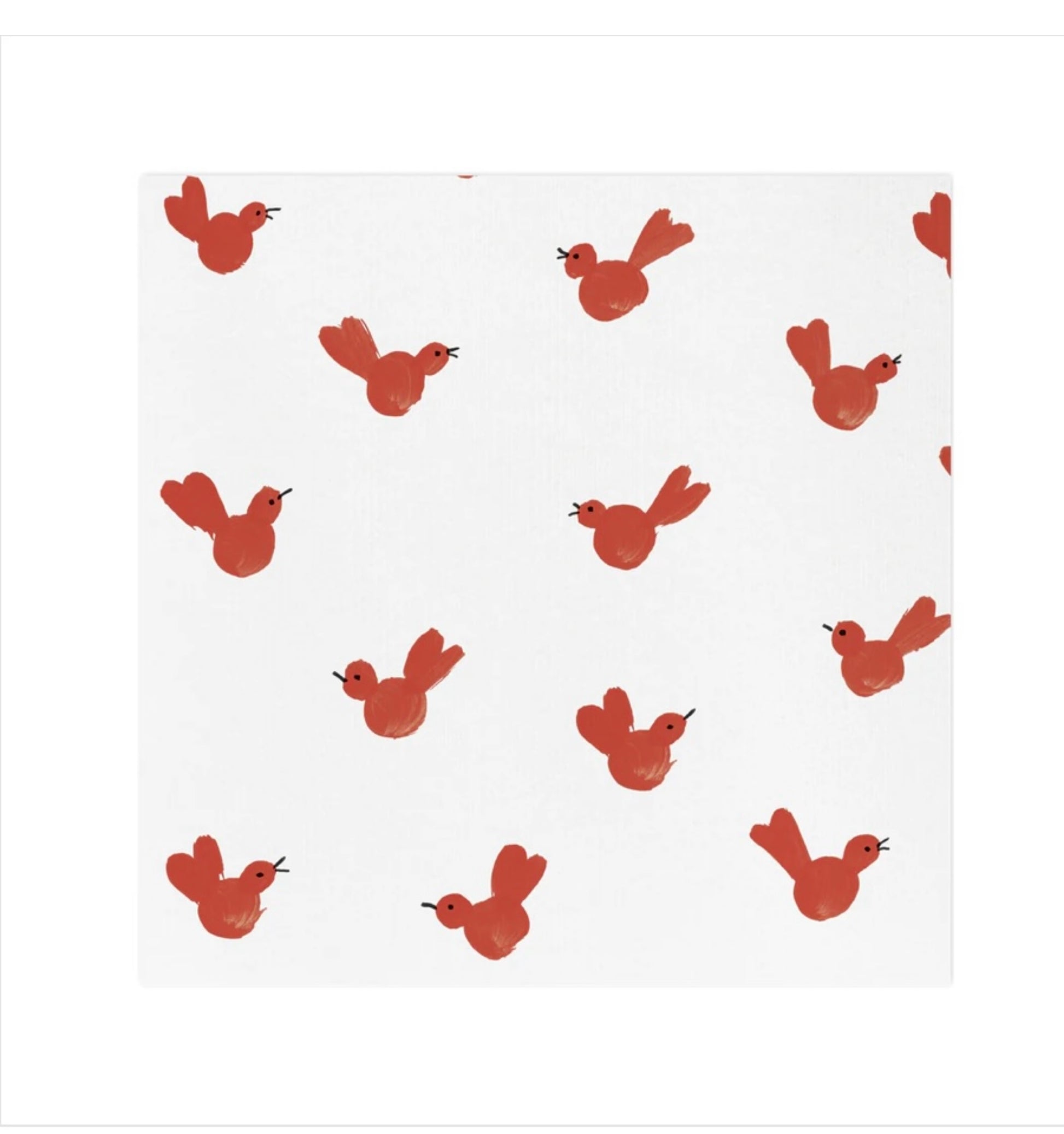 A flat lay of red bird patterned Papersoft cocktail napkins on a white background.