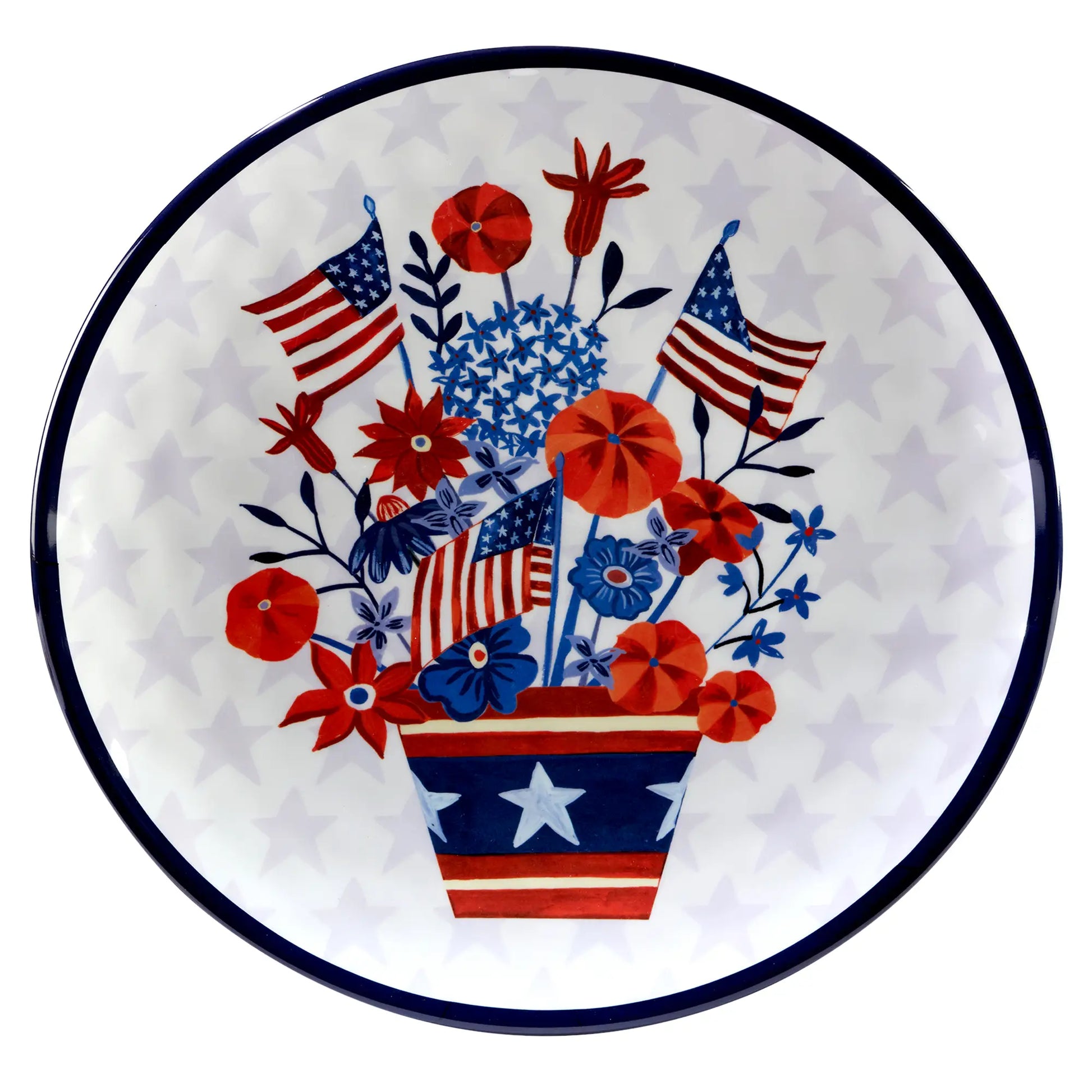 Melamine plate with American flags and flowers in a pot on a white background