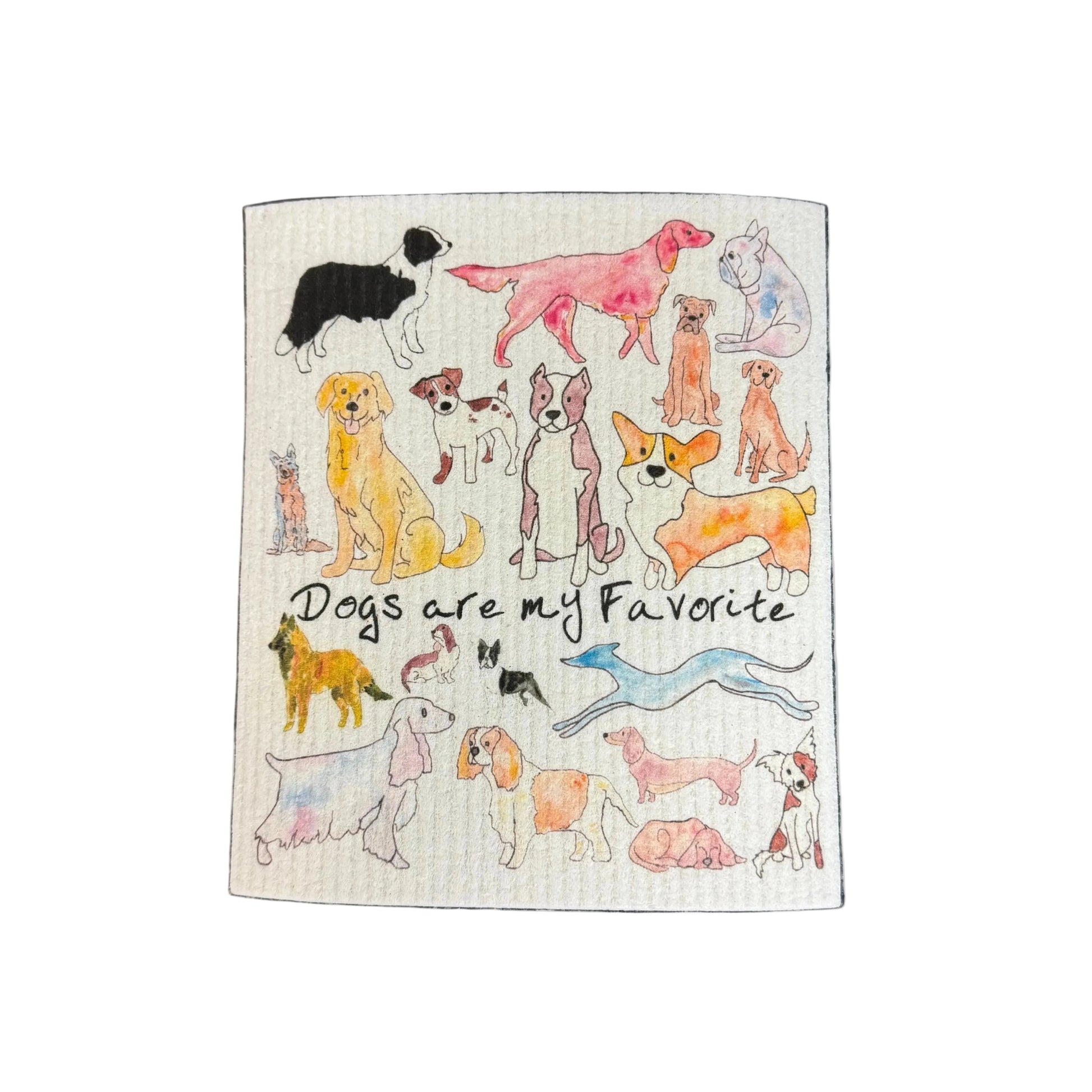 Swedish dishcloth with pictures of various dogs and the text dogs are my favorites