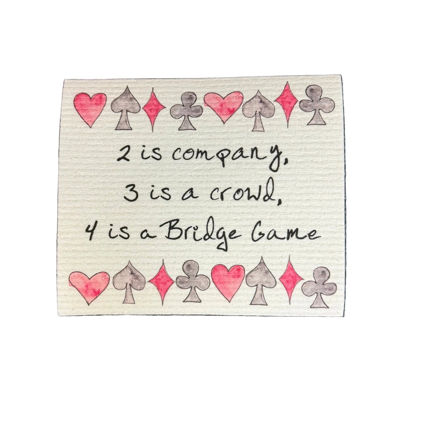 Swedish dishcloth with card suit symbols in red and black and text about 4 is a bridge game 