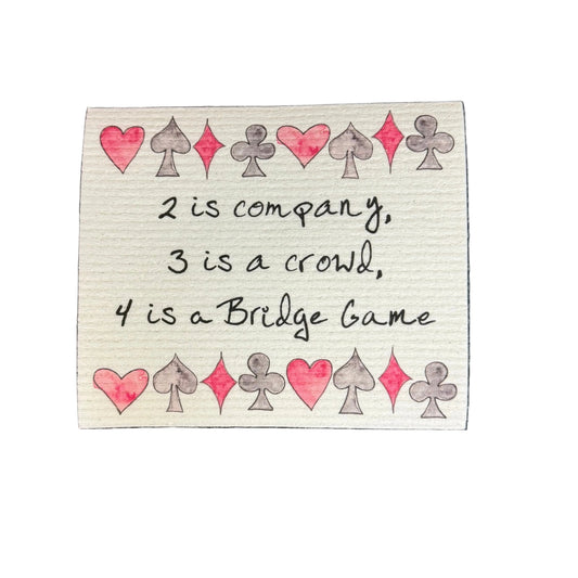 Swedish dishcloth with card suit symbols in red and black and text about 4 is a bridge game 