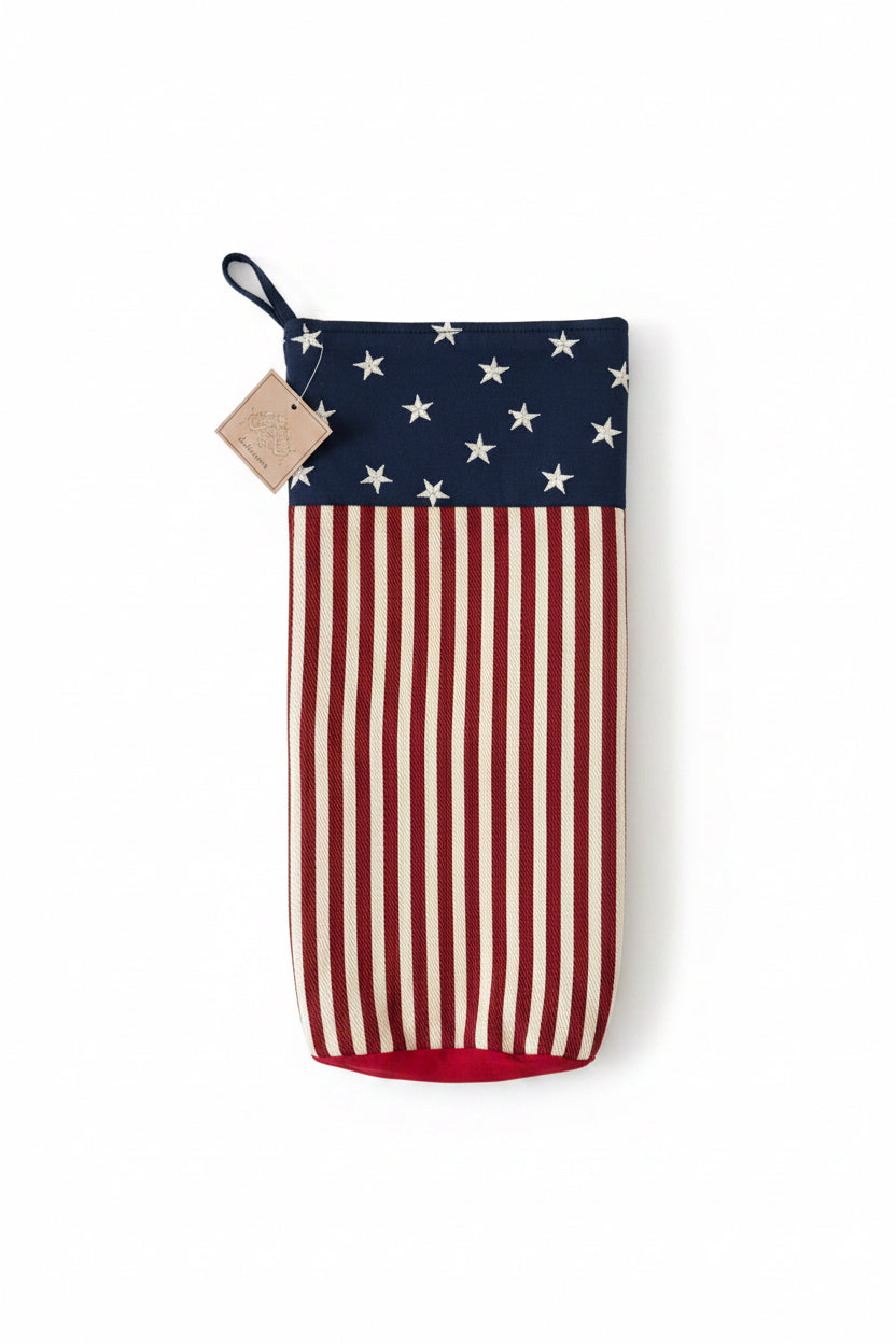 canvas beverage bag with red and white stripes and a solid blue top with white stars resembling the American flag