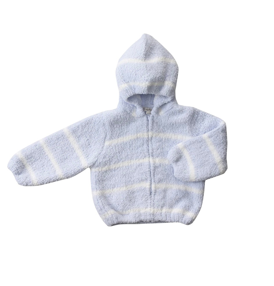Angel dear light blue with ivory stripes chenille hoodie for babies, with a hood and a front zipper.