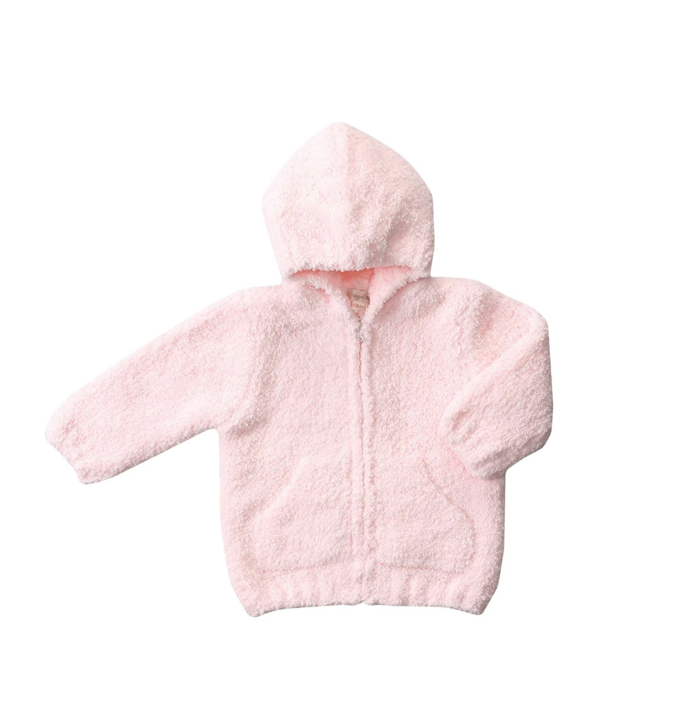 A pink Angel Dear chenille hoodie with a hood and front zip, designed for babies or toddlers.