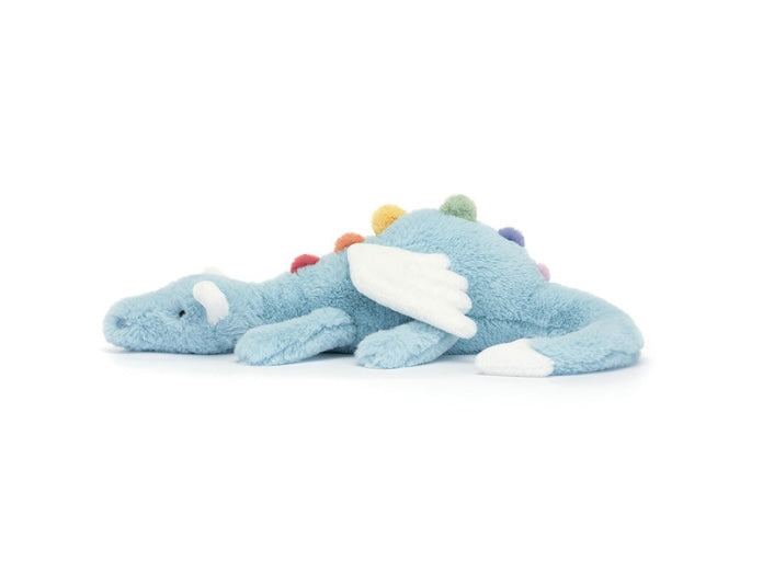 Plush dragon toy with colorful spikes on a white background