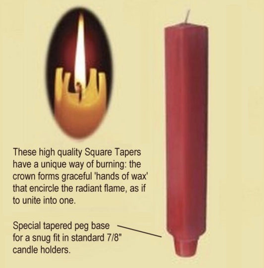 Dadant 8" Square Beeswax Taper Candle Red