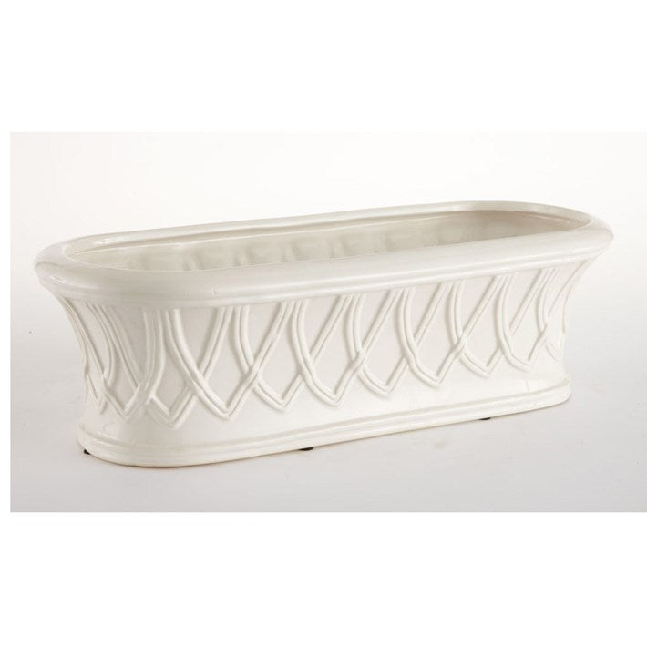 A white oblong ceramic cachepot with a basket-like design.