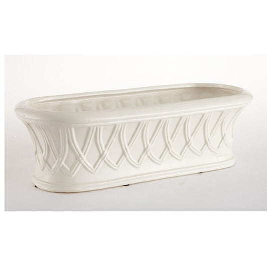 A white oblong ceramic cachepot with a basket-like design.