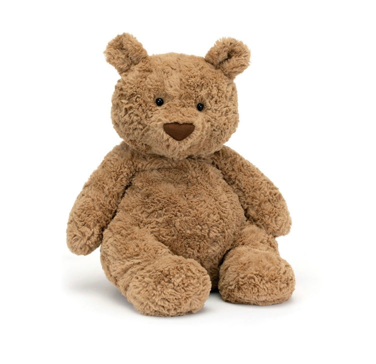 A Jelly Cat plush toy bear with a brown fur body, seated against a white background.