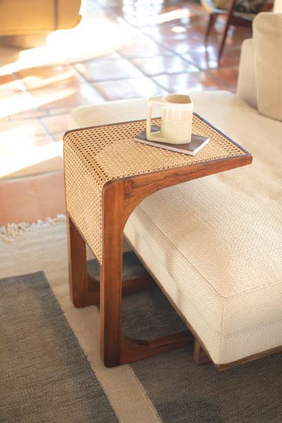 Wood Side Table w/Woven Cane Detail