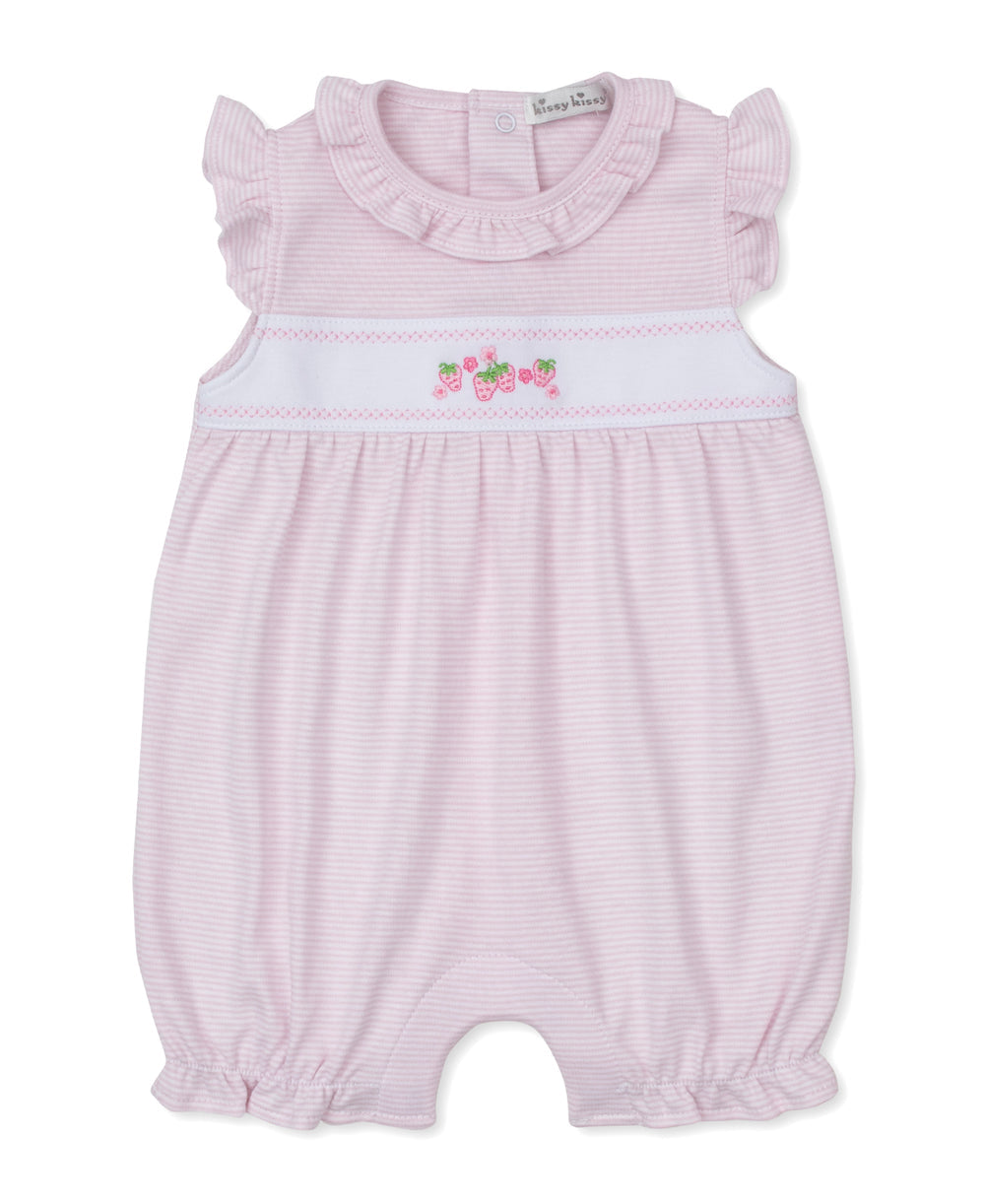 Kissy Kissy Infant girls Pink and white striped baby romper with ruffled neckline and strawberry  embroidery on a white background