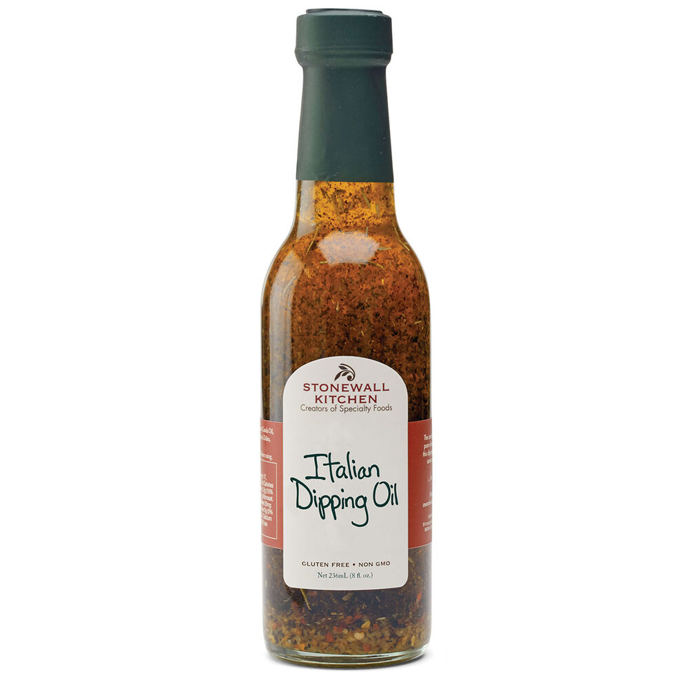 A bottle of Stonewall Kitchen Italian Dipping Oil with a label displaying the product name and a brief description.