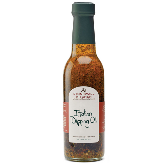 A bottle of Stonewall Kitchen Italian Dipping Oil with a label displaying the product name and a brief description.