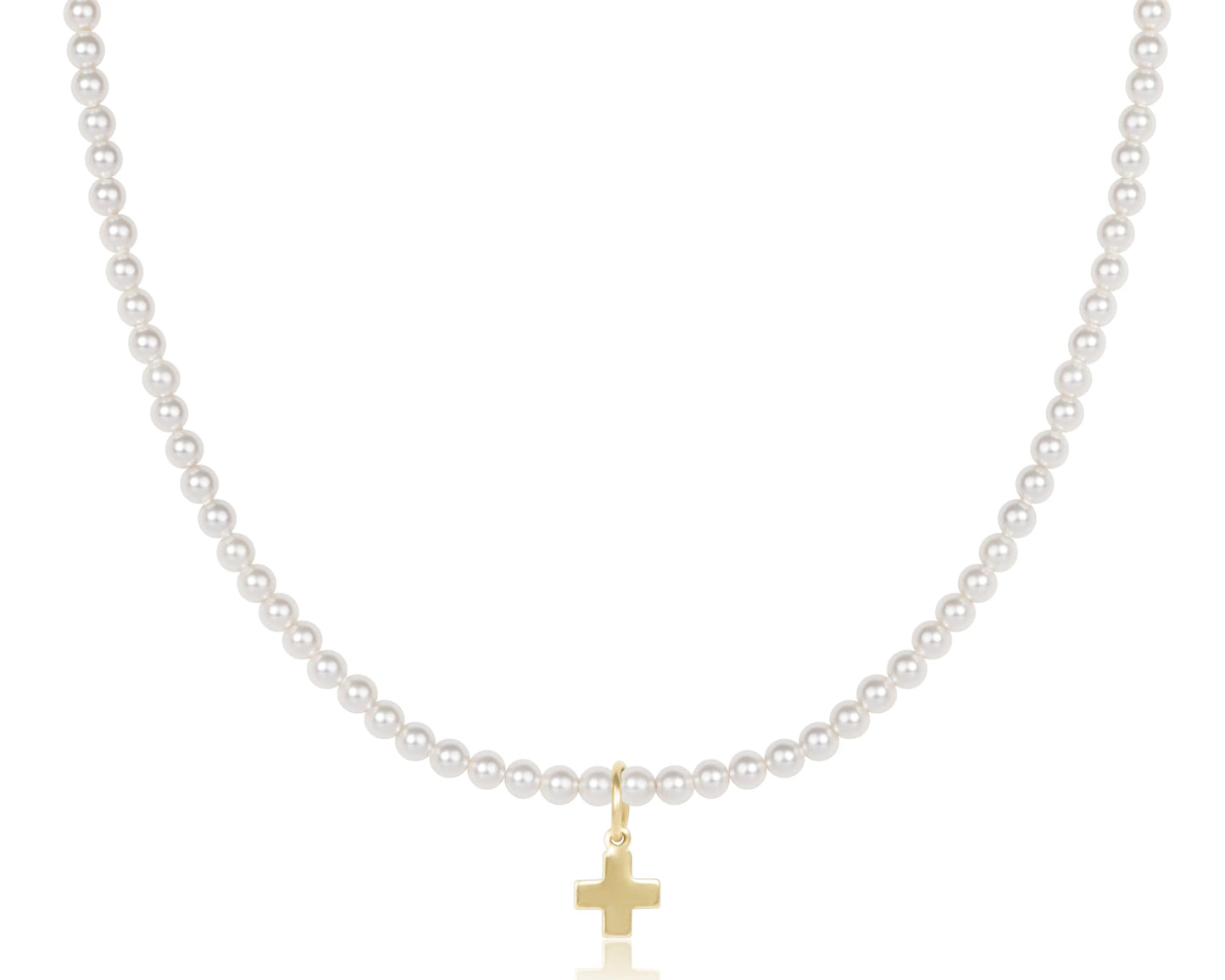 eNewton 15" Classic Pearl 3mm Signature Gold Cross Charm Necklace