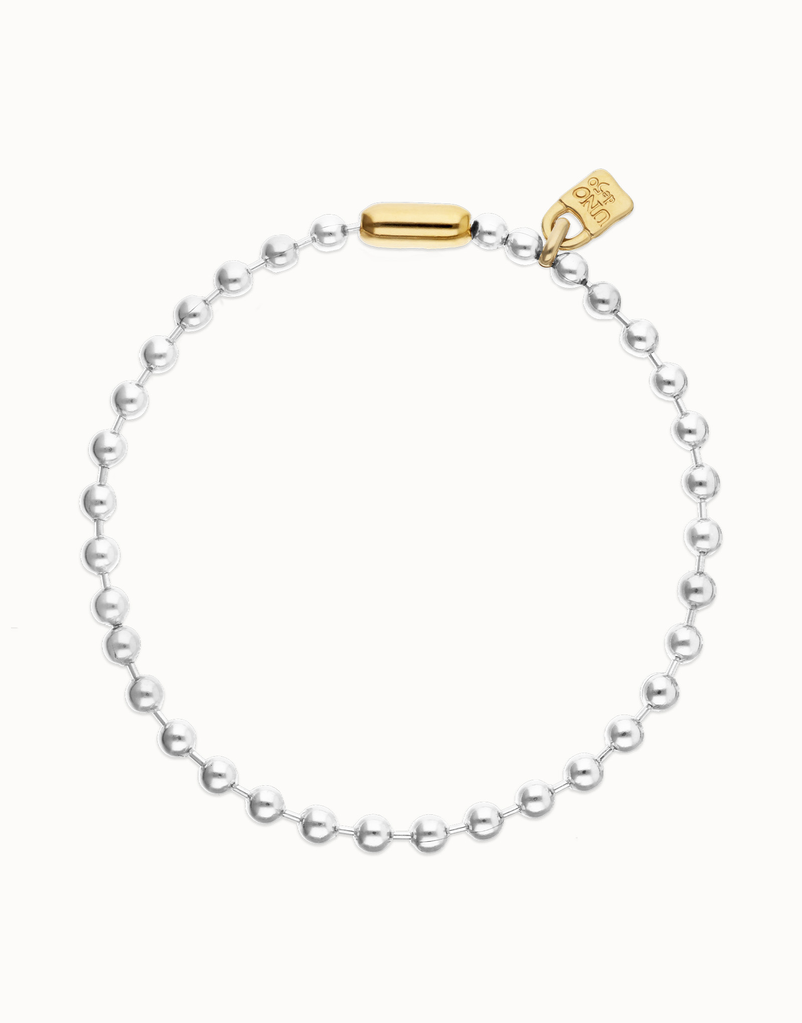 Uno de 50 Necklace with gold and silver beads on a white background