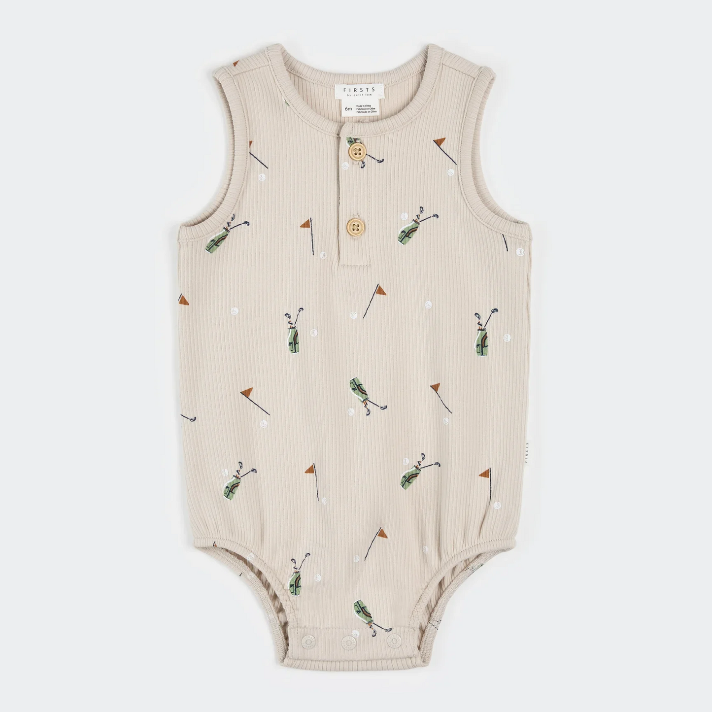 Sand Firsts by Petit lem baby romper with golf-themed pattern on a white background