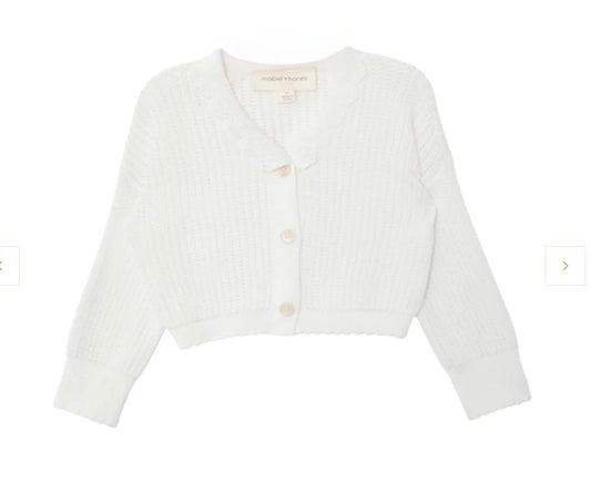 Mabel and Honey Girl's White Monica cardigan Sweater with buttons on a white background