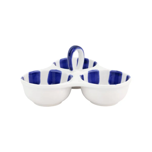Set of three white ceramic bowls with blue stripes and a loop handle in the middle