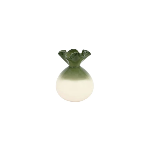 Ombre ceramic vase with a green ruffled rim and a white base