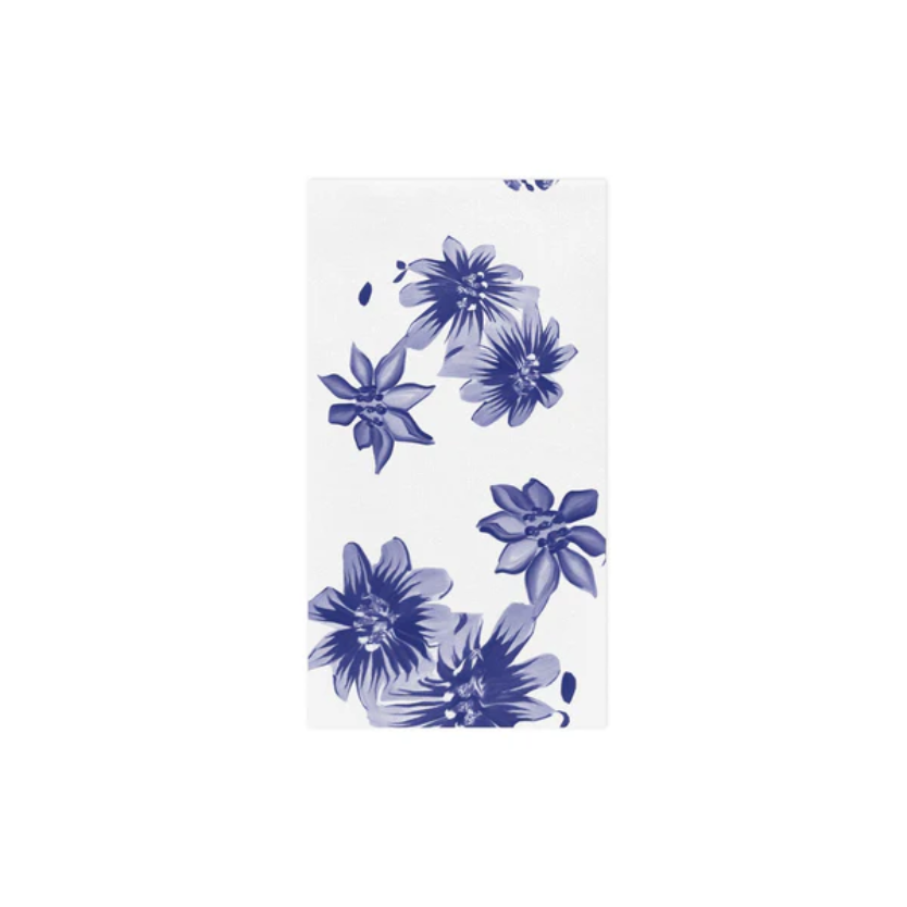 White napkin with blue floral patterns on a white background
