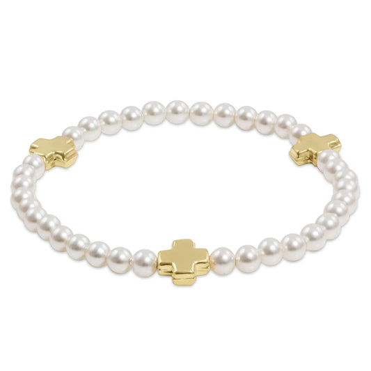 eNewton Signature Cross Pearl Pattern 4mm Bead Bracelet- Gold