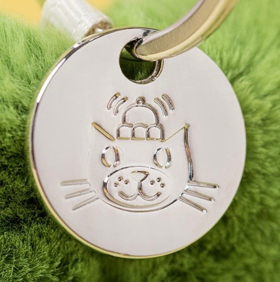 Silver pet tag with a cat design on a green fabric background