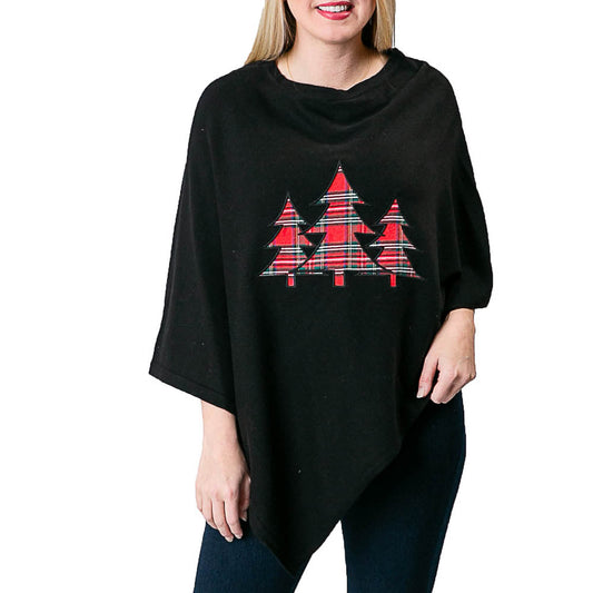 Tartan Holly Poncho:Black with Tartan Trees