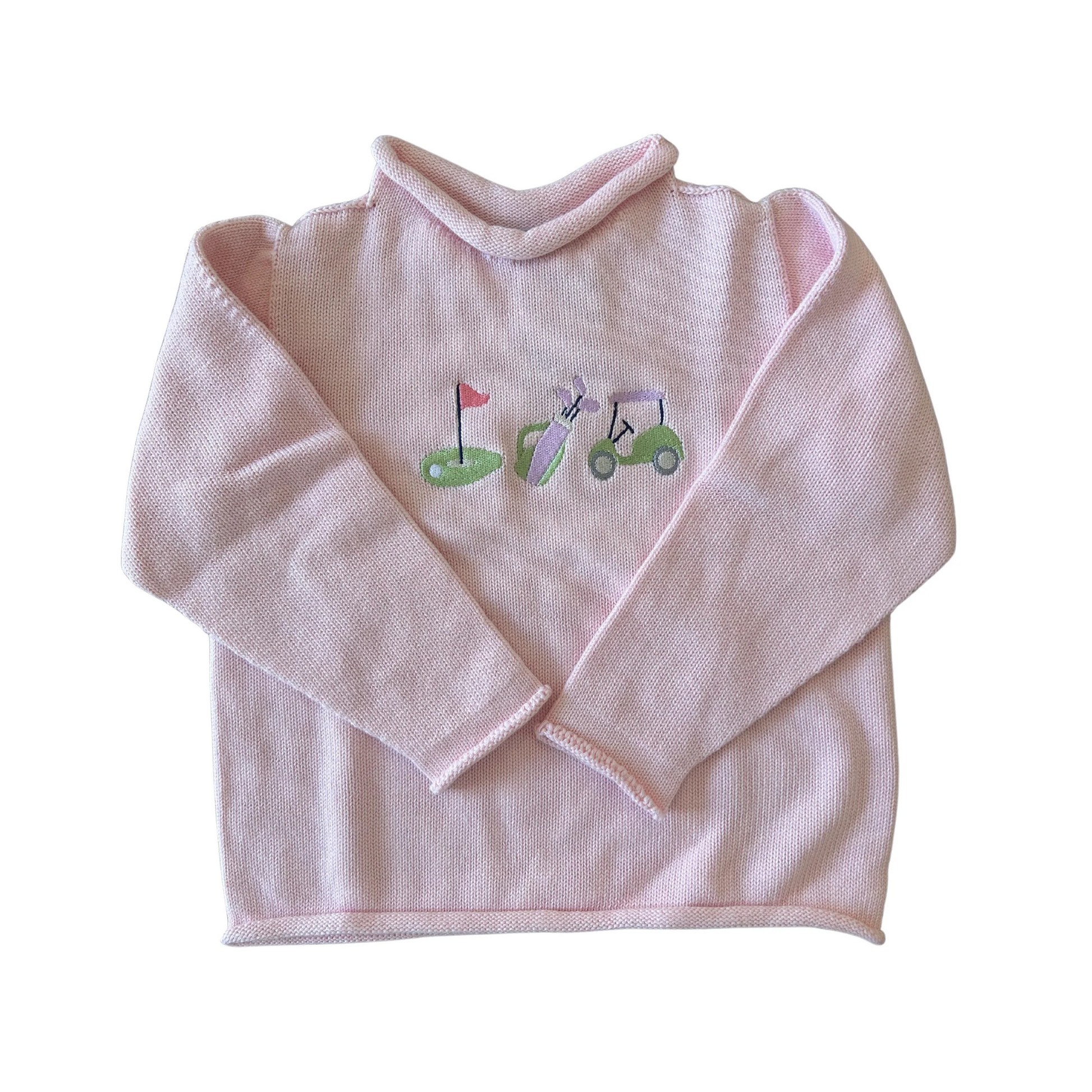 Pink baby roll neck sweater with golf-themed design 