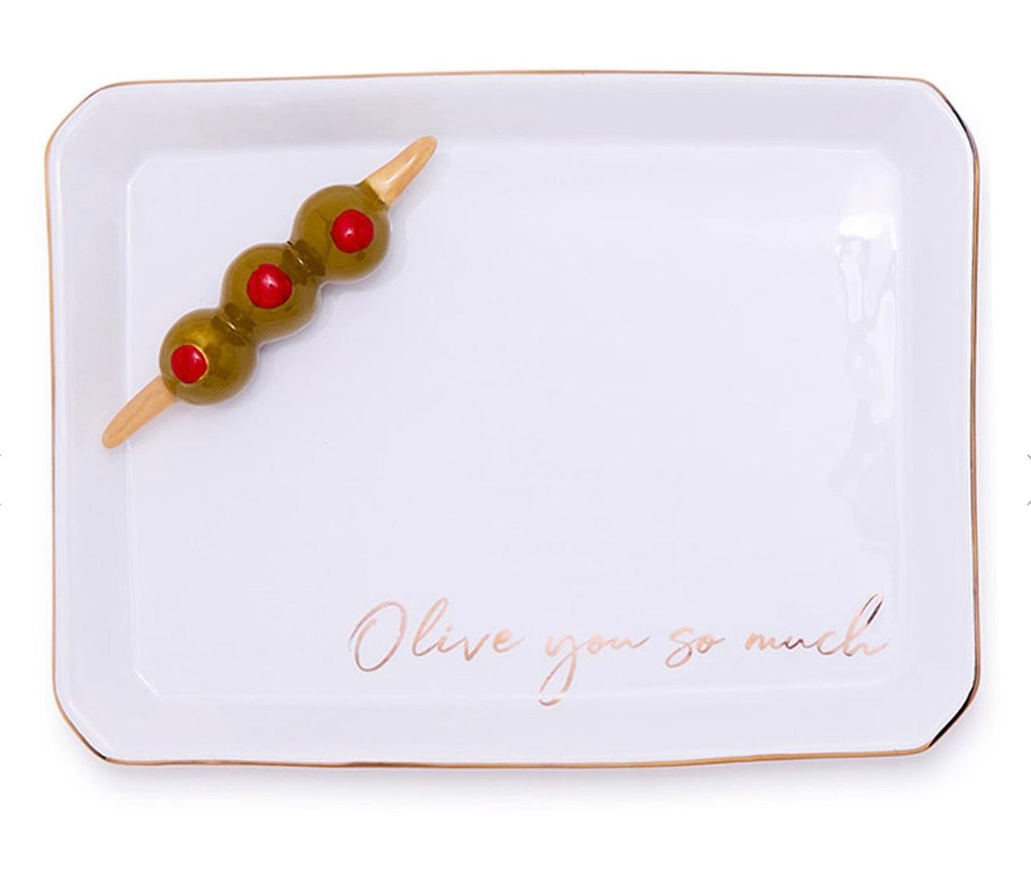 White tray with a decorative olive skewer and 'Olive you so much' text on a white background
