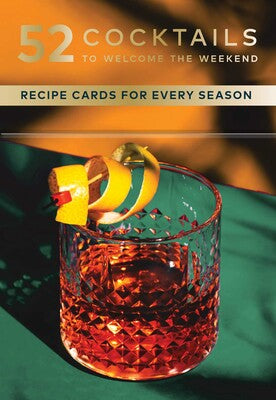 Cocktail recipe cards cover with a glass of red cocktail and lemon twist on a green surface. With a 52 cocktails title