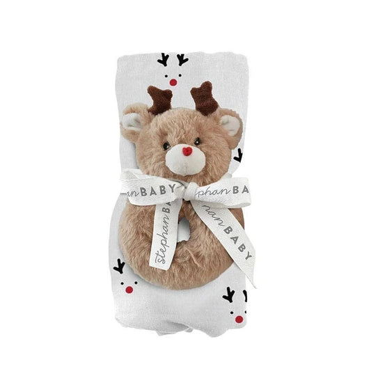 Tis the Season Reindeer Swaddle Blanket and Rattle