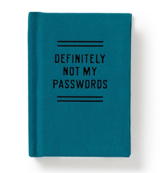 Blue notebook with 'DEFINITELY NOT MY PASSWORDS' text  
