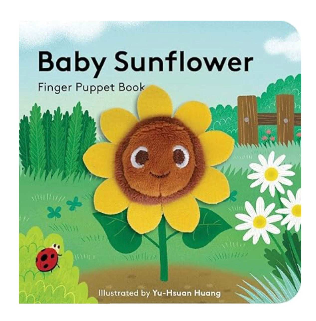 Finger puppet book titled 'Baby Sunflower' with a sunflower character on a green background.