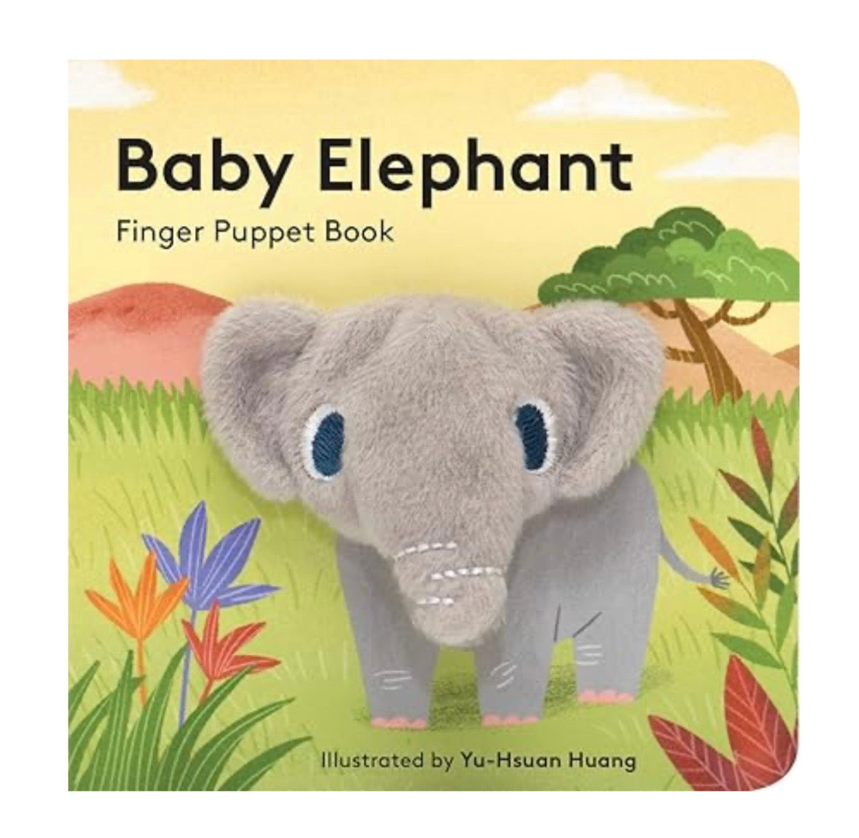 Finger puppet book cover with an elephant illustration on a colorful background