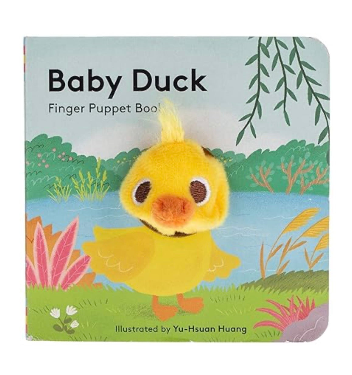 Baby Duck finger puppet book with a yellow duck illustration on a colorful background