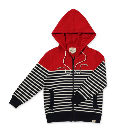 Red and black and white striped hoodie by Henry and me on a white background