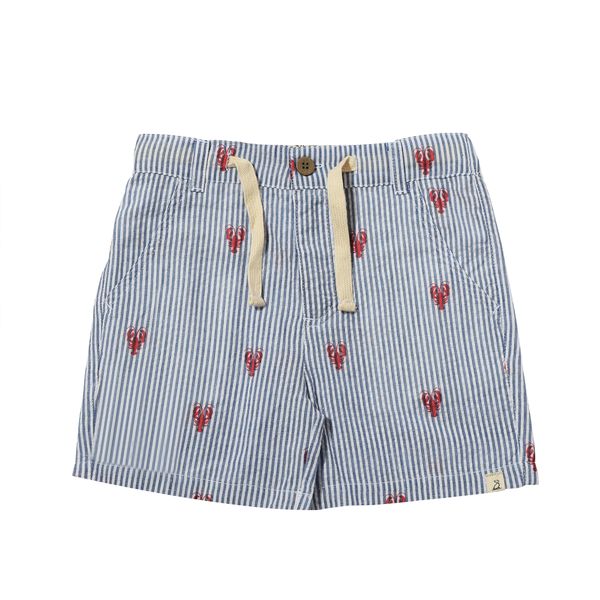 Me & Henry Blue and white seersucker striped shorts with red lobster patterns on a white background