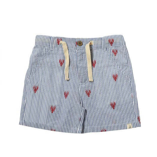 Me & Henry Blue and white seersucker striped shorts with red lobster patterns on a white background