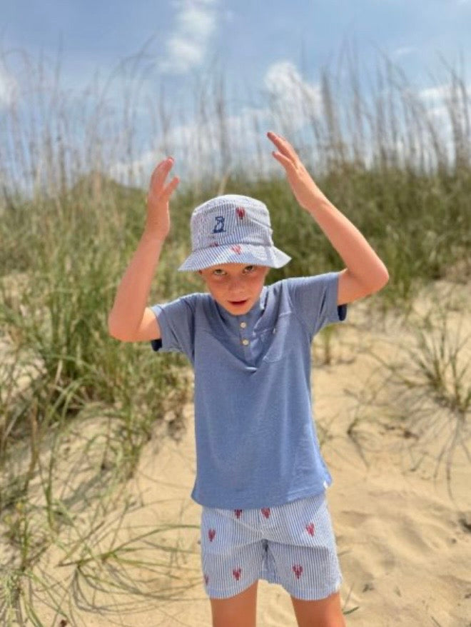 Child in a blue shirt and seersucker striped shorts with lobster print standing on a sandy beach with grasses in the background.