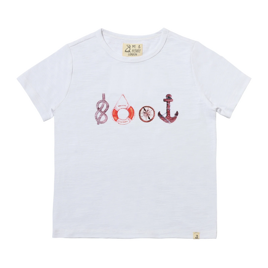 Me & Henry Falmouth nautical White t-shirt with red decorative nautical and anchor designs on a white background
