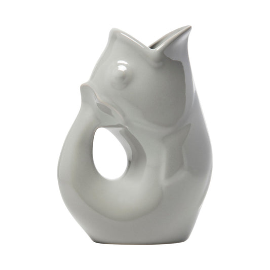 A large stone grey stoneware GurglePot pitcher designed with a whimsical shape, capable of producing a gurgling sound when used.