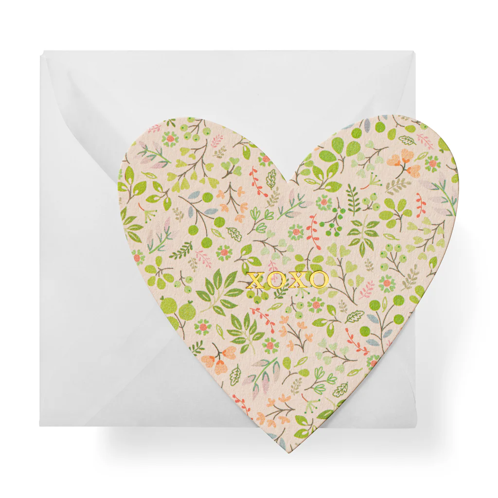 Heart-shaped enclosure card with floral pattern and 'XOXO' text 