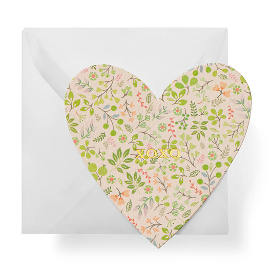 Heart-shaped enclosure card with floral pattern and 'XOXO' text 